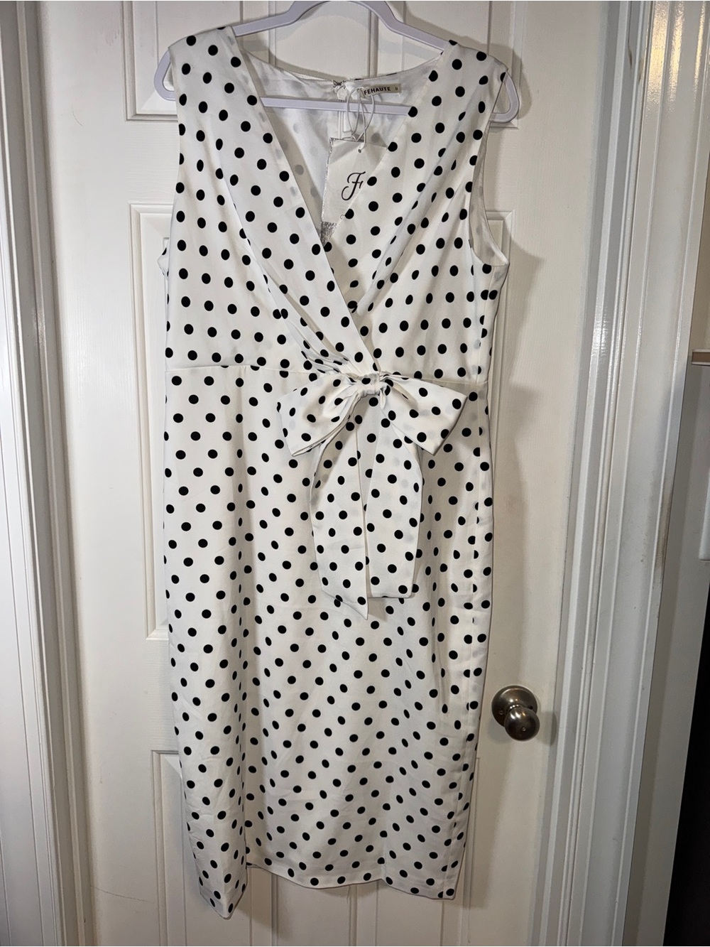 FEHAUTE MiDI White Dress with Black Polka Dots Design. Size 12 NWT. Cocktail.